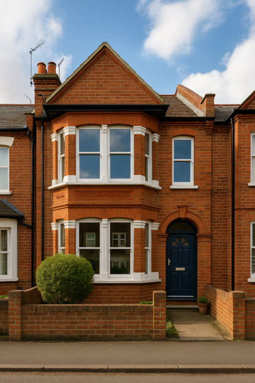 Front view of a typical South Norwood Victorian terrace house featuring red brickwork, white-trimmed bay windows, a navy blue front door, and a small front garden with a low brick wall.
