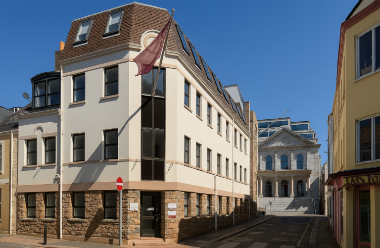 Modern office buildings and historic architecture in central St Helier, showcasing the vibrant setting served by estate agents in St Helier.