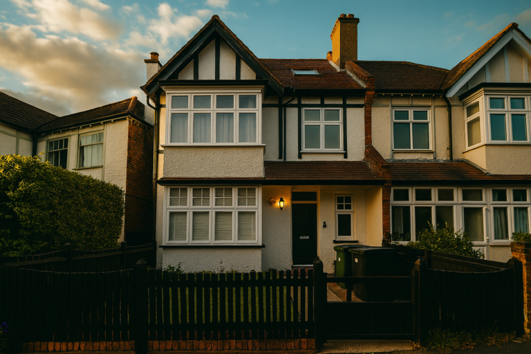 Tudor-style terraced house in Streatham, captured from a dramatic angle to showcase architectural charm – ideal for estate agents in Streatham.