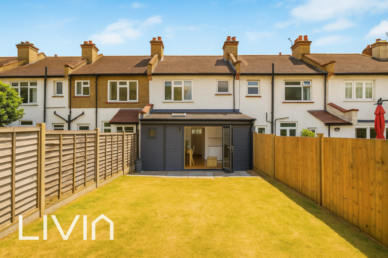 Rear view of a renovated terraced house with modern grey extension, bi-fold doors, and well-maintained garden, taken on a sunny day. Estate Agents in Sutton