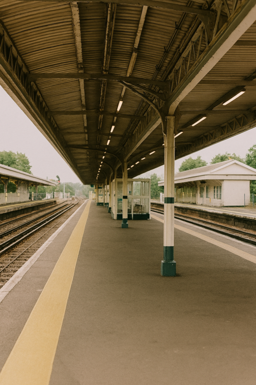 Traditional platform at South Croydon train station featuring a covered canopy, classic green-and-white columns, and quiet railway tracks — highlighting the station's rustic charm and timeless appeal.